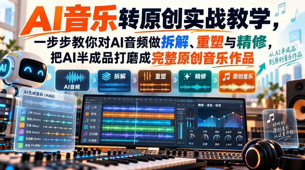 AI音乐转原创实战教学,一步步教你对AI音频做拆解、重塑与精修,把AI半成品打磨成完整原创音乐作品-二当家网创资源站