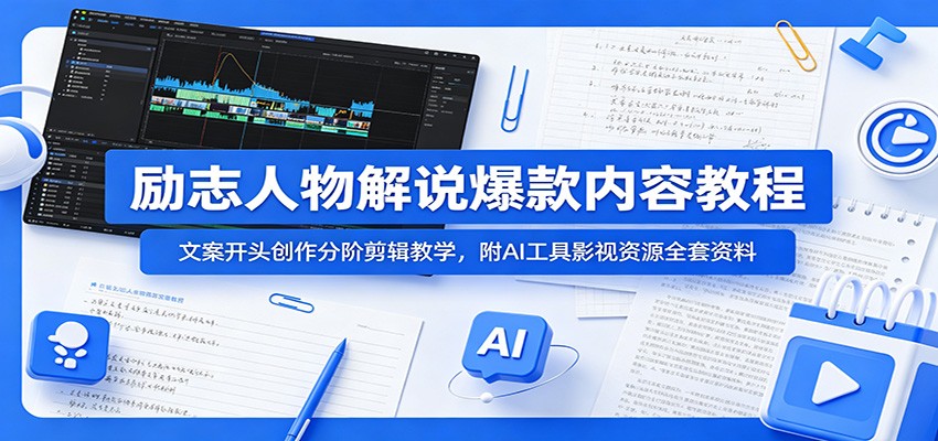 励志人物解说爆款内容教程：文案开头创作分阶剪辑教学，附AI 工具影视资源全套资料-二当家网创资源站