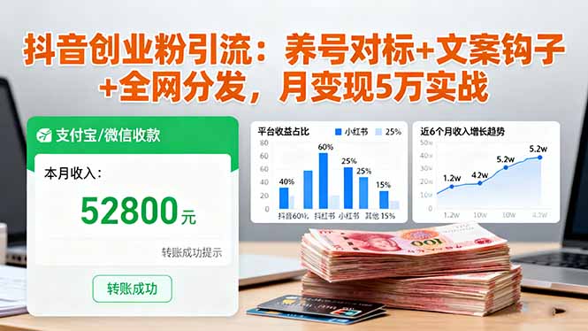 抖音创业粉引流：养号对标+文案钩子+全网分发，月变现5万实战-二当家网创资源站