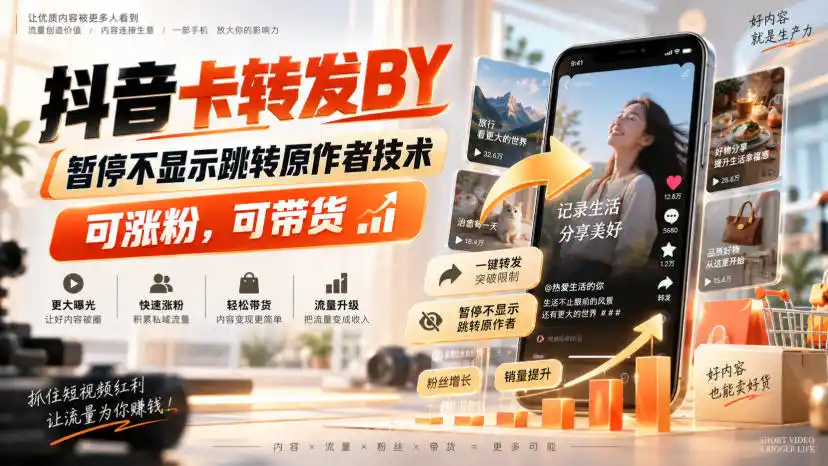 抖音卡转发搬运,暂停不显示跳转原作者技术,可涨粉,可带货-二当家网创资源站