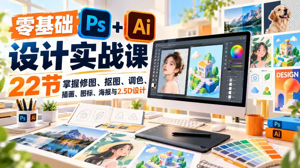 【无水印】零基础PS+AI设计实战课|22节掌握修图、抠图、调色、插画、图标、海报与2.5D设计-二当家网创资源站