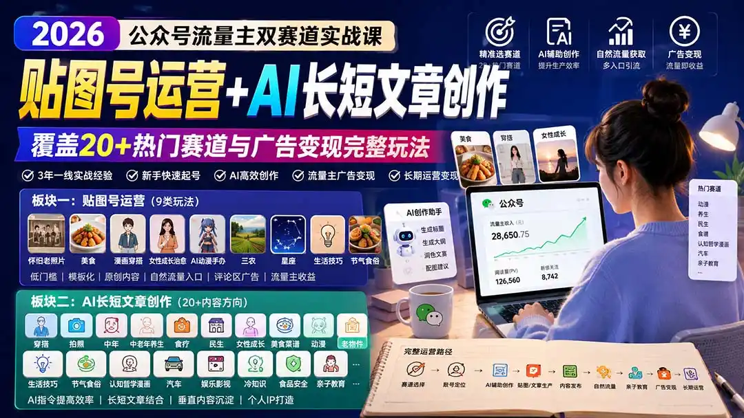 公众号流量主双赛道实战课:贴图号运营+AI长短文章创作,覆盖20+热门赛道与广告变现完整玩法-二当家网创资源站