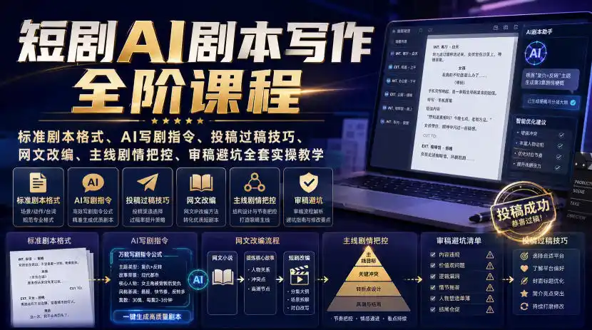 短剧AI剧本写作全阶课程|标准剧本格式、AI写剧指令、投稿过稿技巧、网文改编、主线剧情把控、审稿避坑全套实操教学-二当家网创资源站