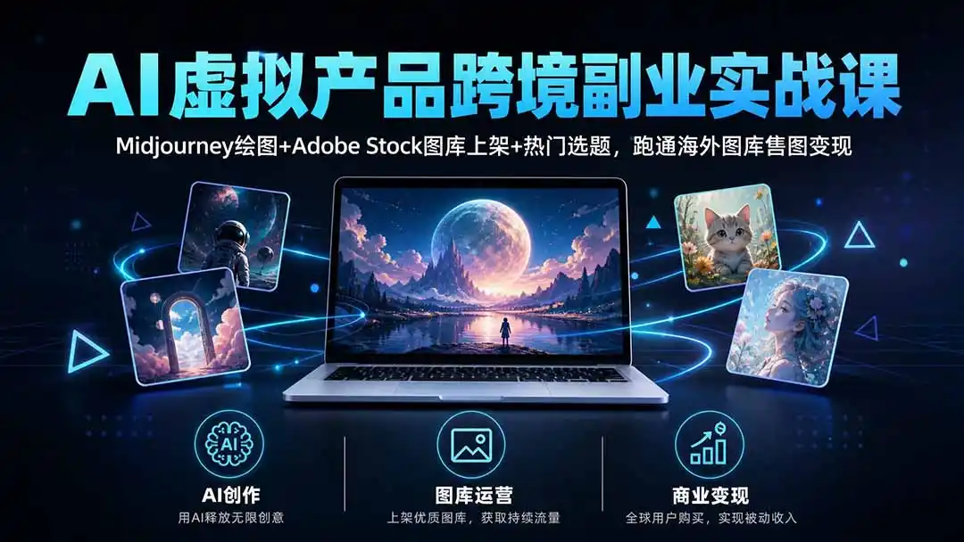 AI虚拟产品跨境副业实战课|Midjourney绘图+Adobe Stock图库上架+热门选题,跑通海外图库售图变现-二当家网创资源站