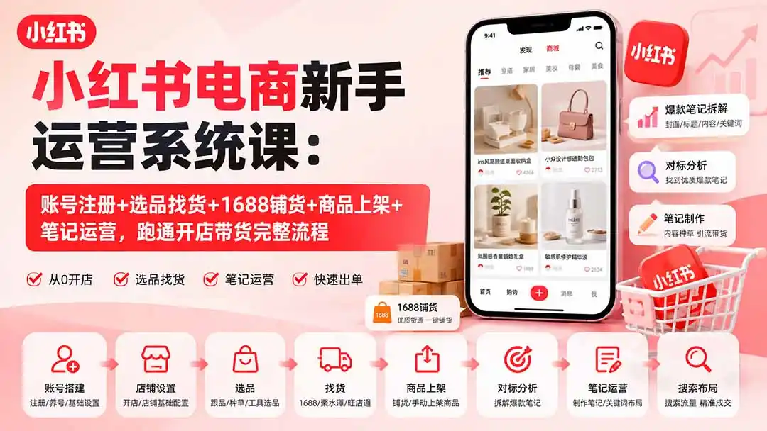小红书电商新手运营系统课：账号注册+选品找货+1688铺货+商品上架+笔记运营，跑通开店带货完整流程-二当家网创资源站