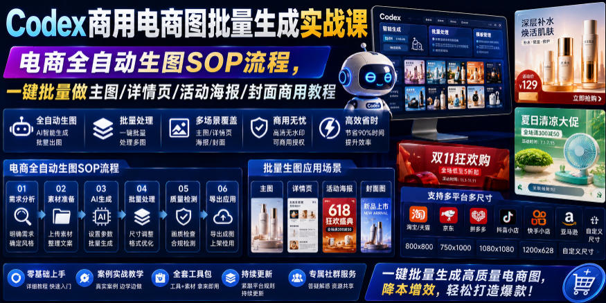 Codex商用电商图批量生成实战课|电商全自动生图SOP流程,一键批量做主图/详情页/活动海报/封面商用教程-二当家网创资源站