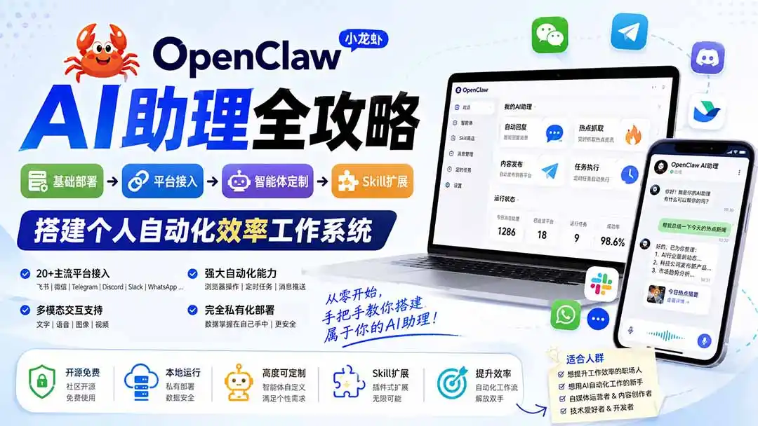 OpenClaw小龙虾 AI助理全攻略:基础部署→平台接入→智能体定制→Skill扩展,搭建个人自动化效率工作系统-二当家网创资源站
