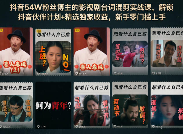 抖音54W粉丝博主的影视剧台词混剪实战课,解锁抖音伙伴计划+精选独家收益,新手零门槛上手-二当家网创资源站