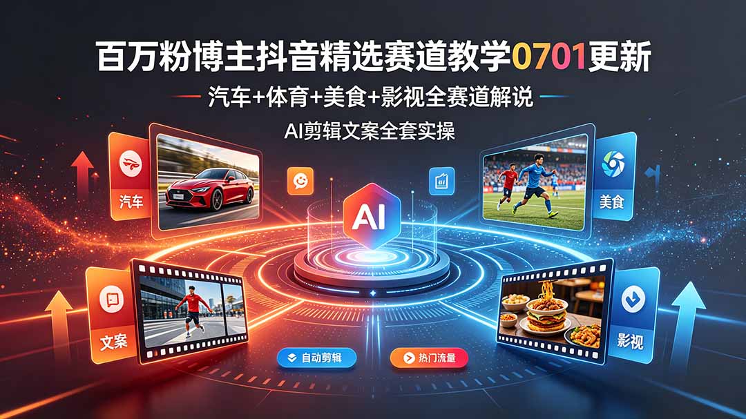 百万粉博主抖音精选赛道教学-0701更新,汽车+体育+美食+影视全赛道解说,AI剪辑文案全套实操-二当家网创资源站