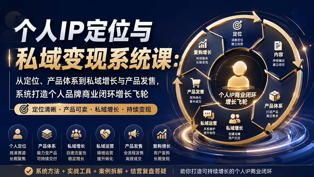 个人IP定位与私域变现系统课:从定位、产品体系到私域增长与产品发售,系统打造个人品牌商业闭环增长飞轮-二当家网创资源站