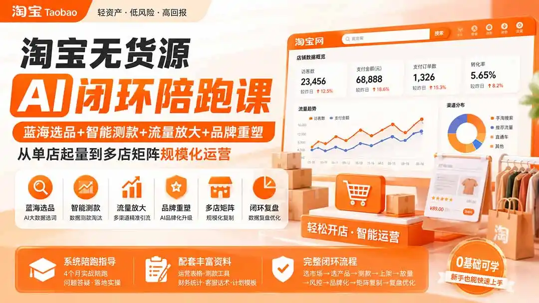 淘宝无货源AI闭环陪跑课:蓝海选品+智能测款+流量放大+品牌重塑,从单店起量到多店矩阵规模化运营-二当家网创资源站
