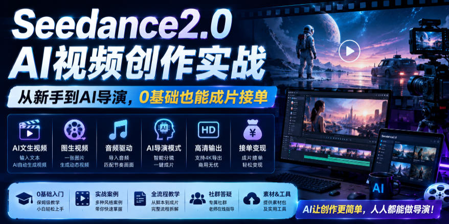Seedance2.0 AI视频创作实战,从新手到AI导演,0基础也能成片接单变现-二当家网创资源站