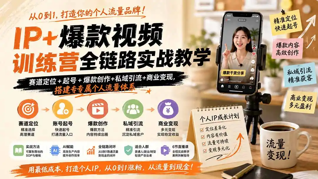 IP+爆款视频训练营全链路实战教学;赛道定位+起号+爆款创作+私域引流+商业变现,搭建专属个人流量体系-二当家网创资源站