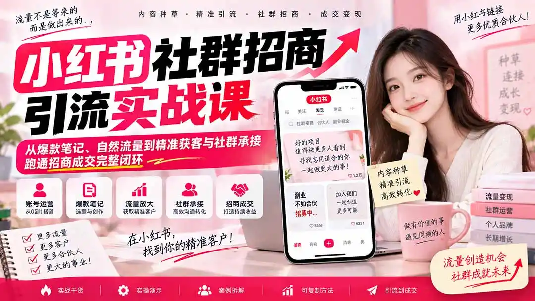 小红书社群招商引流实战课-无水印：从爆款笔记、自然流量到精准获客与社群承接，跑通招商成交完整闭环-二当家网创资源站