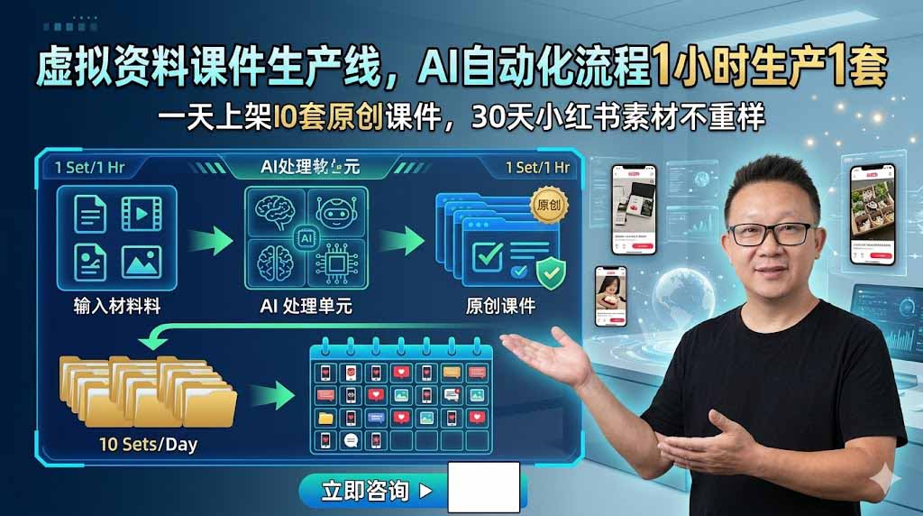 虚拟资料课件生产线，AI自动化流程1小时生产1套，一天上架10套原创课件，30天小红书素材不重样-二当家网创资源站
