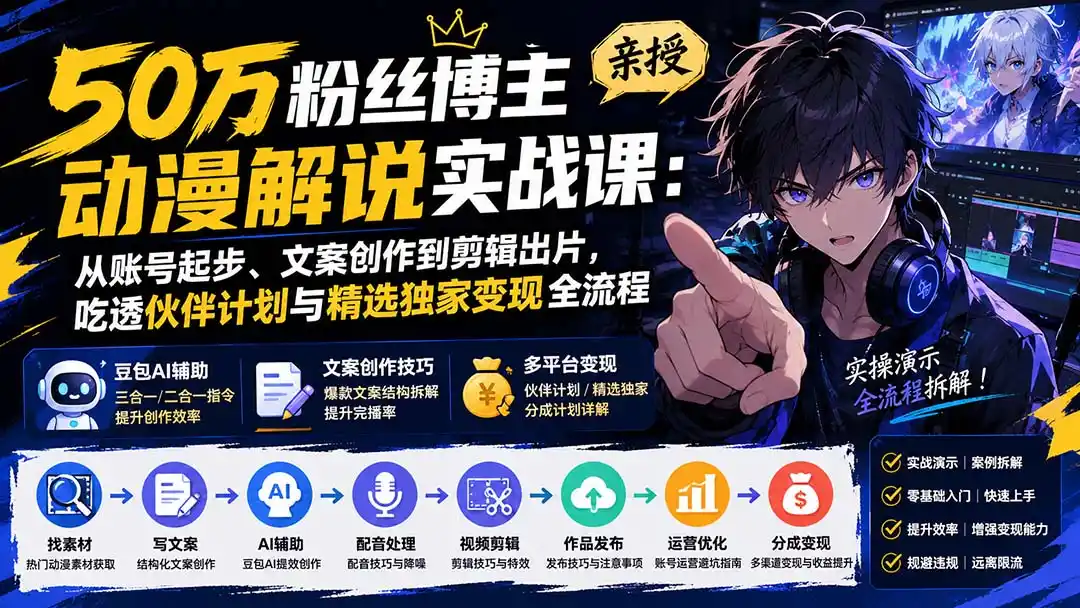 50万粉丝博主亲授动漫解说实战课:从账号起步、文案创作到剪辑出片,吃透伙伴计划与精选独家变现全流程-二当家网创资源站