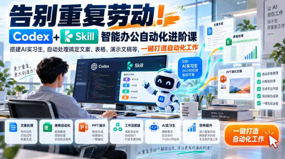 告别重复劳动!Codex+Skill智能办公自动化进阶课|搭建AI实习生,自动处理搞定文案、表格、演示文稿等,一键打造自动化工作