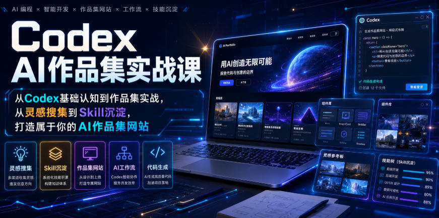 Codex AI作品集实战课，从Codex基础认知到作品集实战，从灵感搜集到Skill沉淀，打造属于你的AI作品集网站-二当家网创资源站