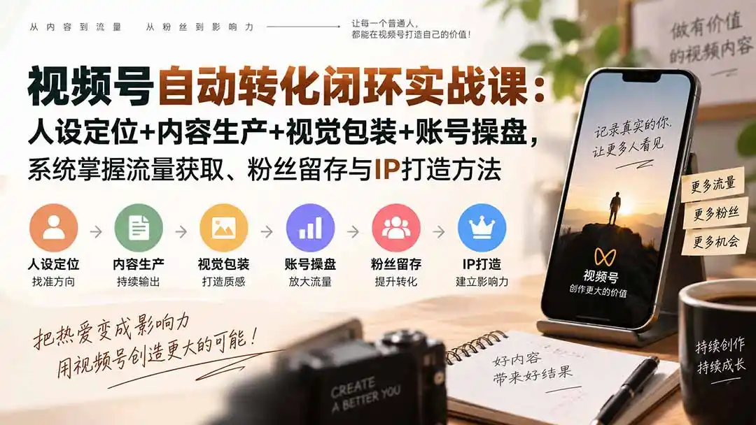 视频号自动转化闭环实战课:人设定位+内容生产+视觉包装+账号操盘,系统掌握流量获取、粉丝留存与IP打造方法-二当家网创资源站