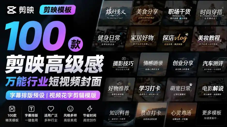【剪映模板】100款剪映高级感万能行业短视频封面字幕排版预设视频花字剪辑模版-二当家网创资源站