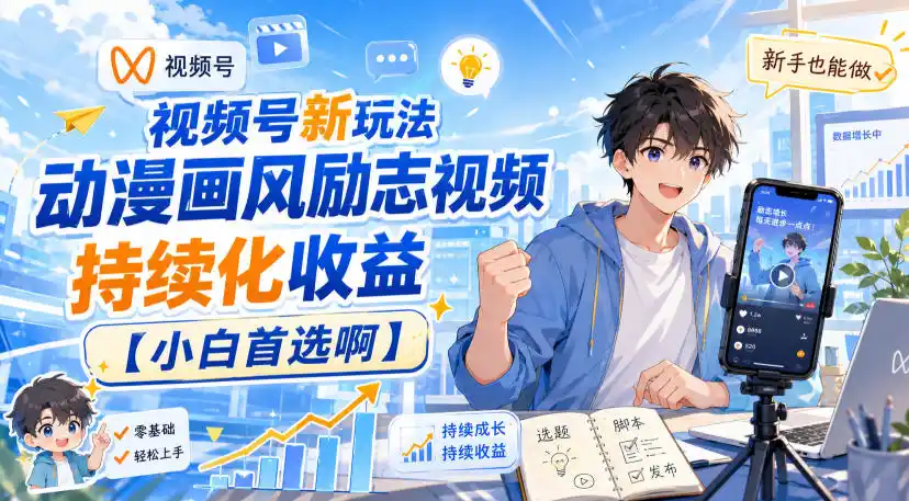 视频号新玩法动漫画风励志视频,持续化收益【小白首选啊】-二当家网创资源站