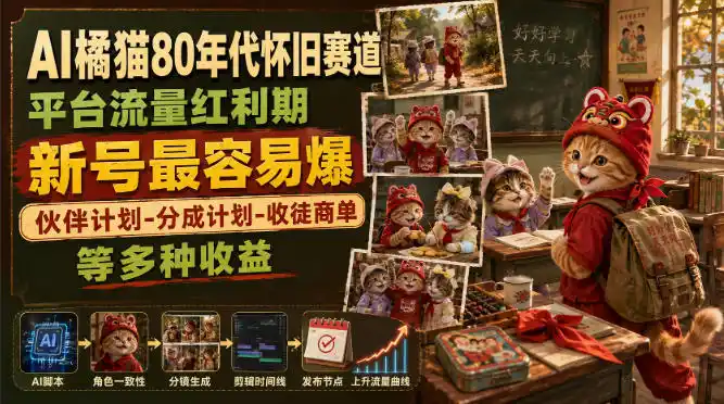 AI橘猫80年代怀旧赛道,平台流量红利期,新号最容易爆,伙伴计划-分成计划-收徒商单等多种收益-二当家网创资源站