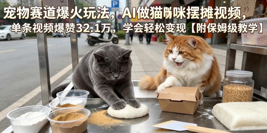 宠物赛道爆火玩法，AI做猫咪摆摊视频，单条视频爆赞32.1万，学会轻松变现【附保姆级教学】-二当家网创资源站