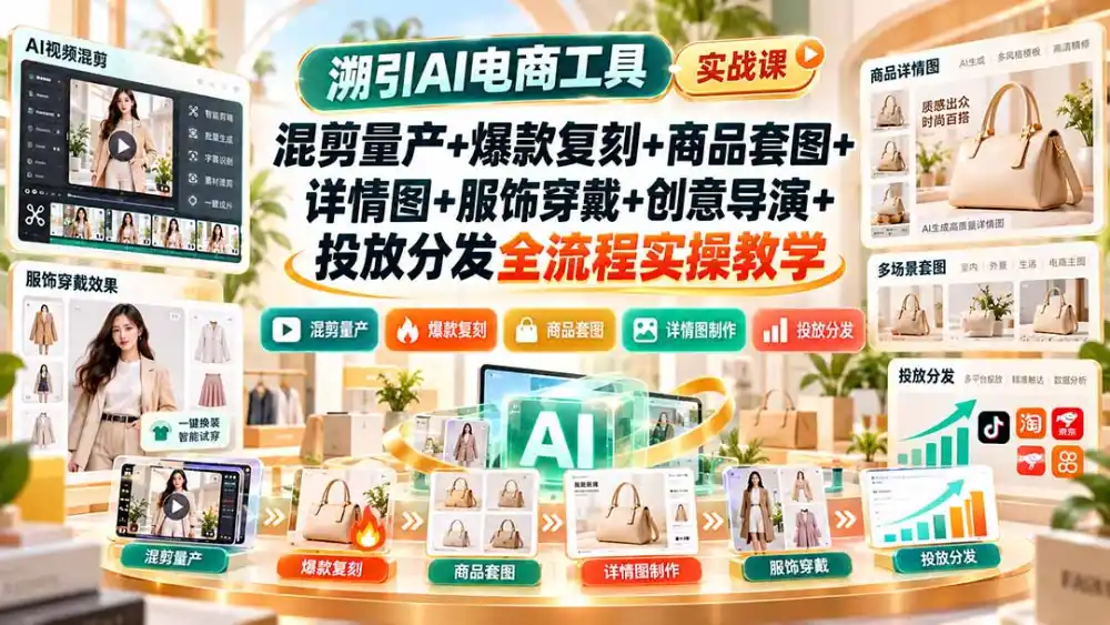 溯引AI电商工具实战课:混剪量产+爆款复刻+商品套图+详情图+服饰穿戴+创意导演+投放分发全流程实操教学-二当家网创资源站