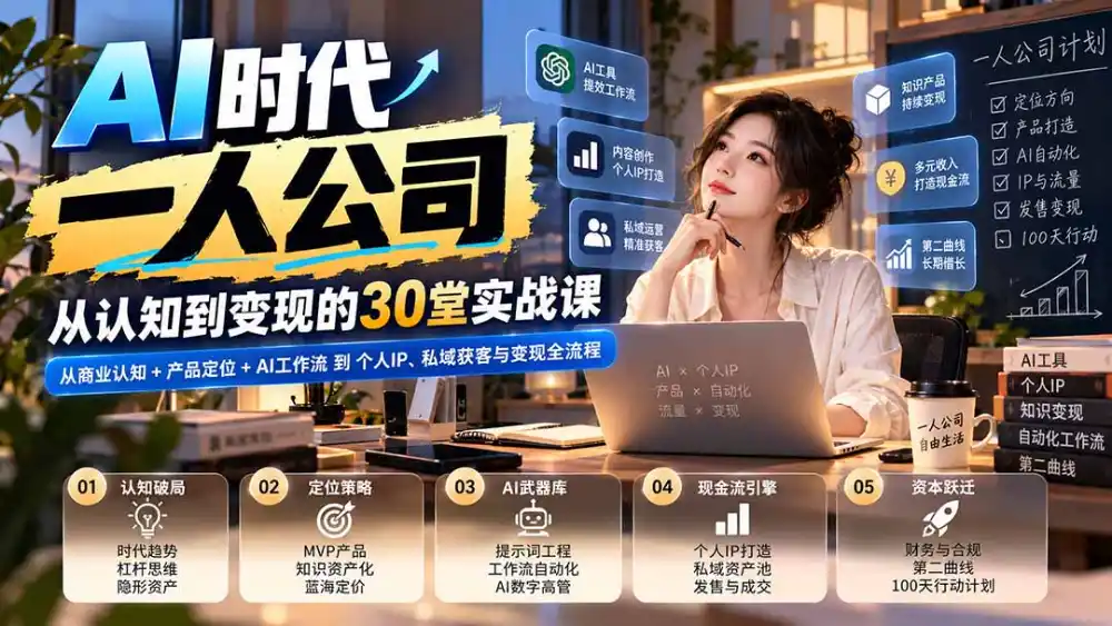 【无水印】AI时代一人公司30堂实战课：从商业认知+产品定位+AI工作流到个人IP、私域获客与变现全流程-二当家网创资源站