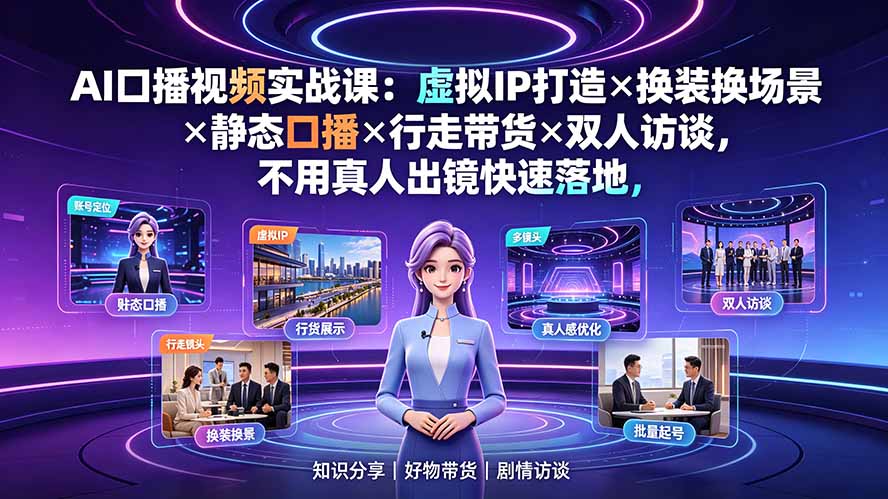 AI口播视频实战课：虚拟IP打造×换装换场景×静态口播×行走带货×双人访谈，不用真人出镜快速落地-二当家网创资源站