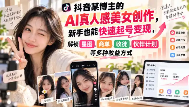 抖音某博主的AI真人感美女创作，新手也能快速起号变现，解锁星图，商单，收徒，伙伴计划等多种收益方式-二当家网创资源站