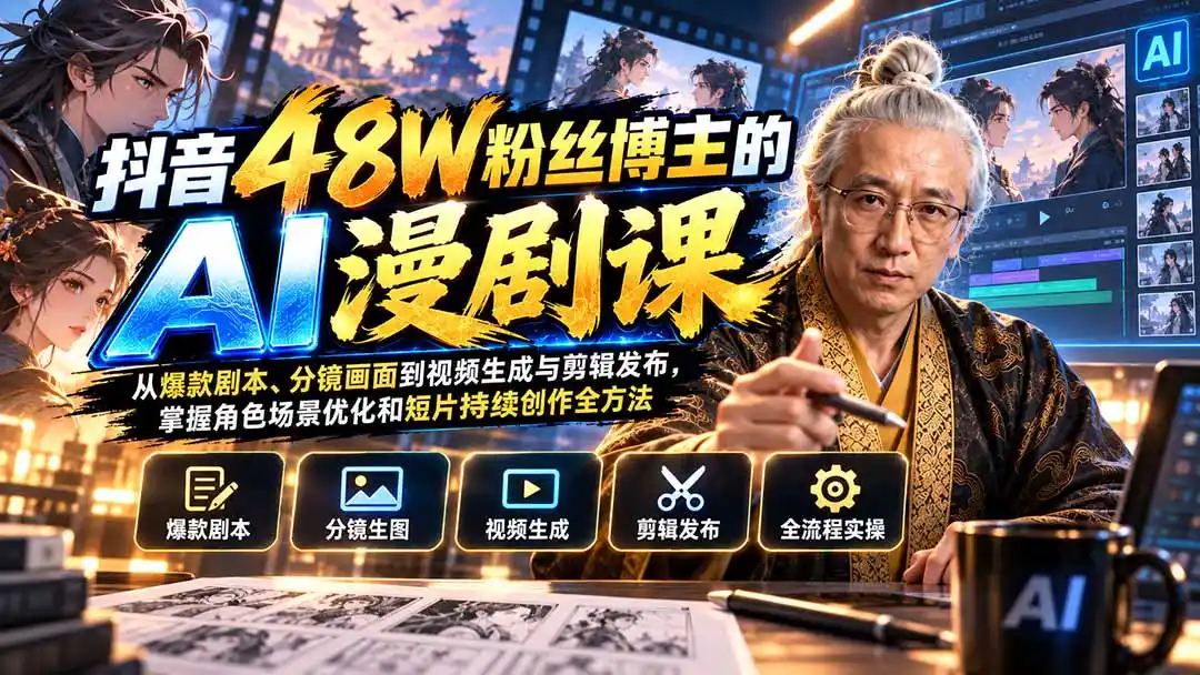 抖音48W粉丝博主的AI漫剧课:从爆款剧本、分镜画面到视频生成与剪辑发布,掌握角色场景优化和短片持续创作全方法-二当家网创资源站