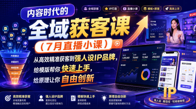 内容时代的全域获客课(7月直播小课)，从高效精准获客到强人设IP品牌，给模版帮你快速上手，给原理让你自由创新-二当家网创资源站