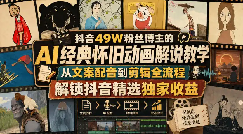 抖音49W粉丝博主的AI经典怀旧动画解说教学,从文案配音到剪辑全流程,解锁抖音精选独家收益-二当家网创资源站