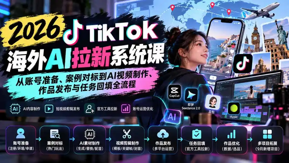 【无水印】2026 TikTok海外AI拉新系统课:从账号准备、案例对标到AI视频制作、作品发布与任务回填全流程-二当家网创资源站