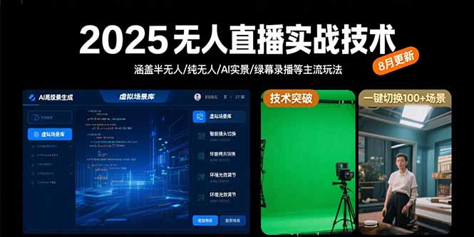 2025无人直播实战技术-8月，涵盖半无人/纯无人/AI实景/绿幕录播等主流玩法-二当家网创资源站