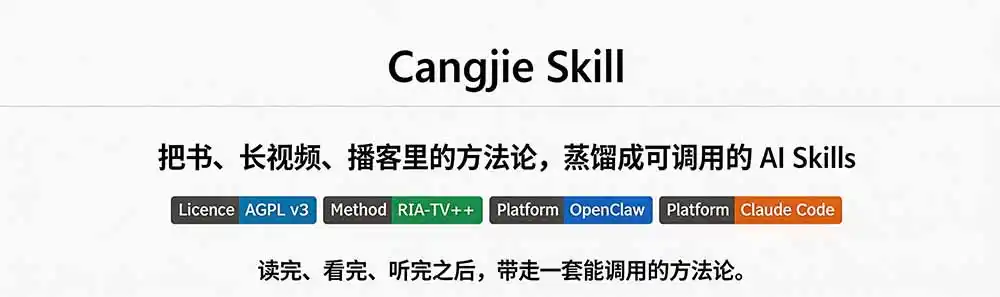 图片[1]-全网走红！GitHub上6.7K Star的开源项目，把任何书、长视频、播客蒸馏成AI工具，值得收藏 cangjie-skill-二当家网创资源站
