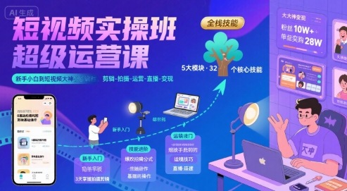 短视频实操班超级运营课，新手小白到短视频大神必修课程，剪辑-拍摄-运营-直播-变现-二当家网创资源站