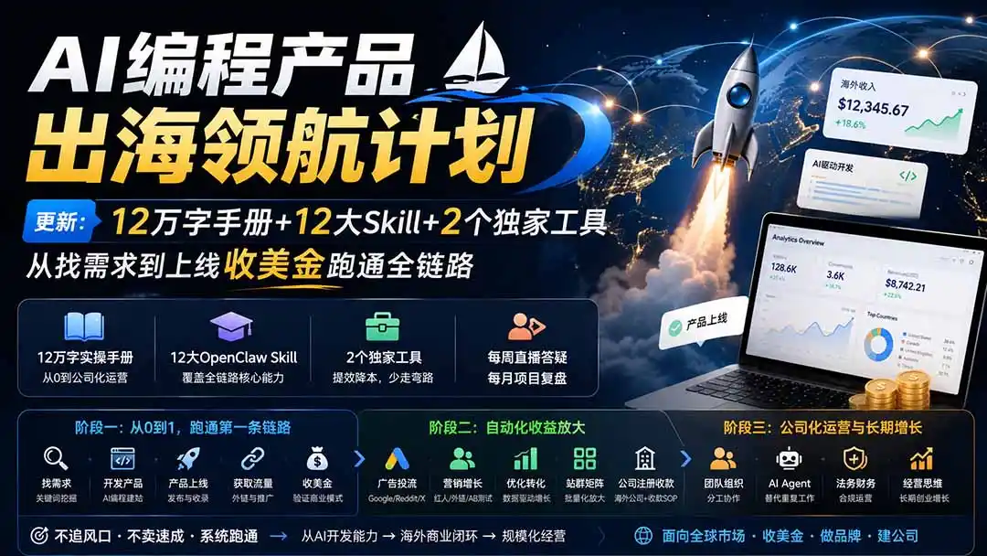 AI编程产品出海领航计划-更新：12万字手册+12大Skill+2个独家工具，从找需求到上线收美金跑通全链路-二当家网创资源站