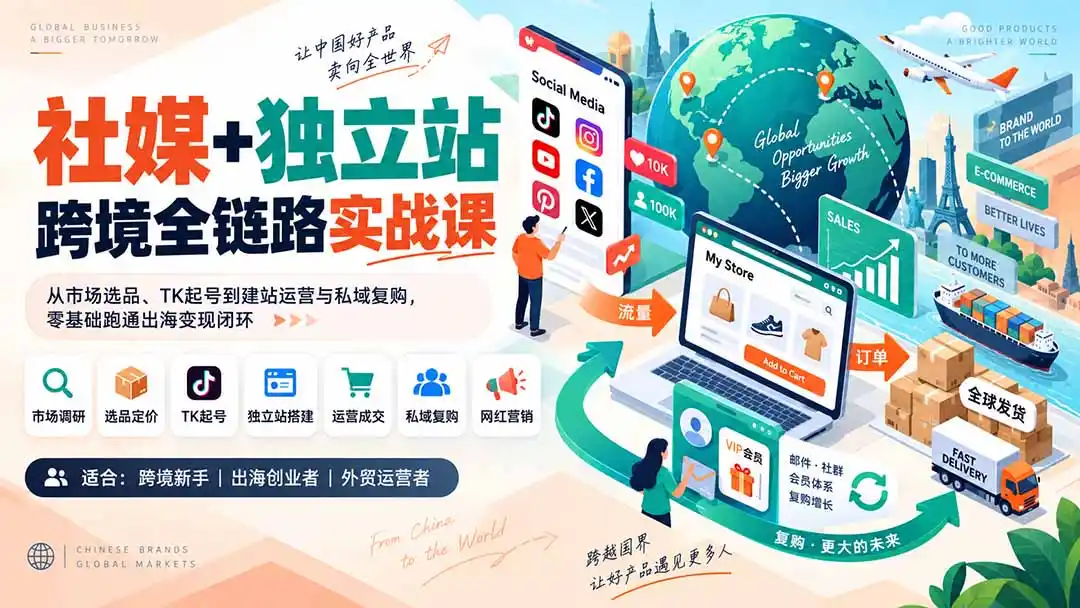 社媒+独立站跨境全链路实战课：从市场选品、TK起号到建站运营与私域复购，零基础跑通出海变现闭环-二当家网创资源站