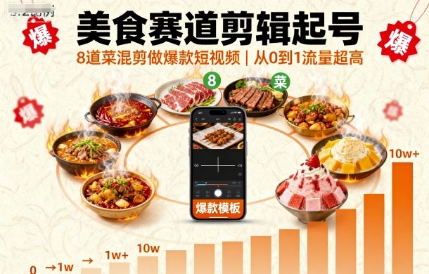 美食赛道剪辑起号，8道菜混剪做爆款短视频，从0到1，流量超高-二当家网创资源站