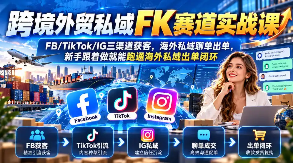 跨境外贸私域FK赛道实战课｜FB/TikTok/IG三渠道获客，海外私域聊单出单，新手跟着做就能跑通海外私域出单闭环-二当家网创资源站