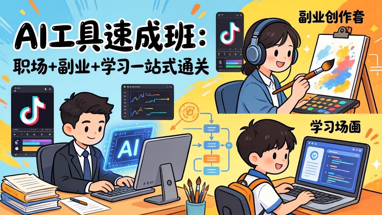 AI工具速成班：职场+副业+学习一站式通关，20+爆款类型+剪映技巧+抖音算法，0基础快速上手-二当家网创资源站