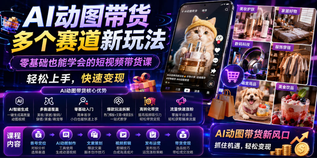 AI动图带货多个赛道新玩法，零基础也能学会的短视频带货课，轻松上手，快速变现-二当家网创资源站