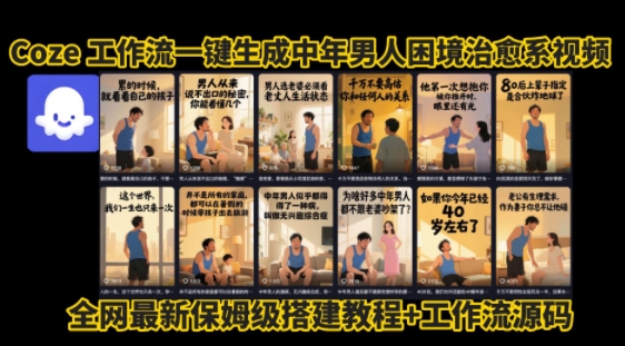 coze工作流一键生成”中年男人困境扎心高涨粉高播放量图文视频”保姆级拆解教程，无需剪辑，无需拍摄写文案-二当家网创资源站