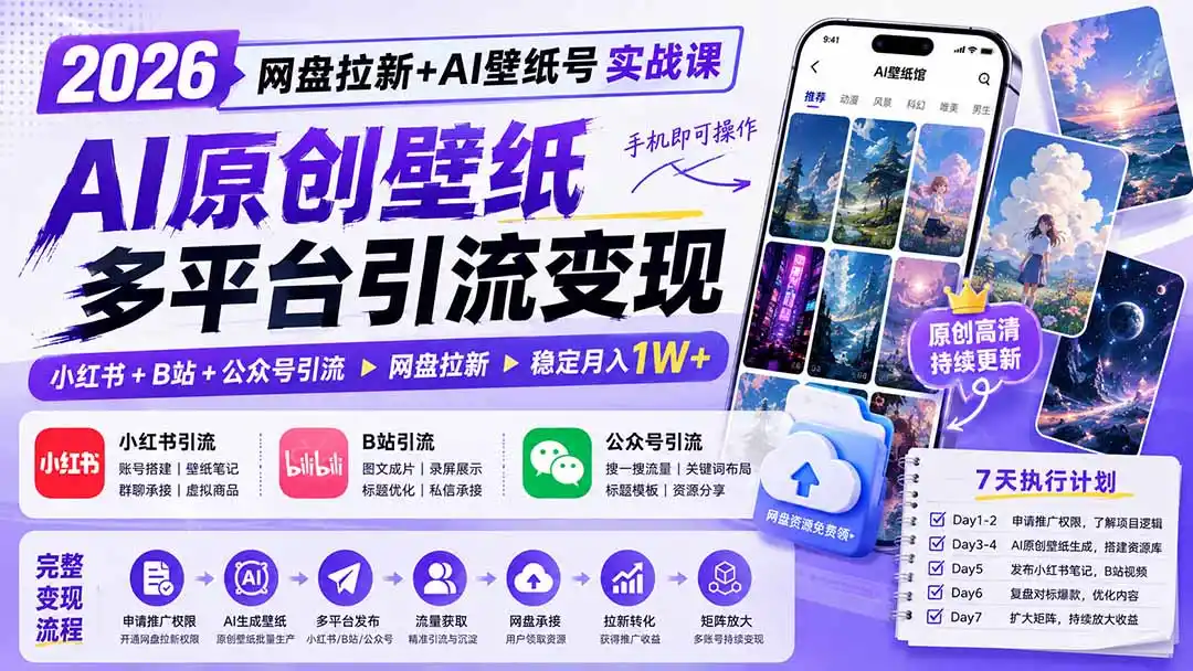 2026网盘拉新+AI壁纸号实战课：AI原创壁纸+小红书+B站+公众号引流，手机即可操作，月入1W+-二当家网创资源站