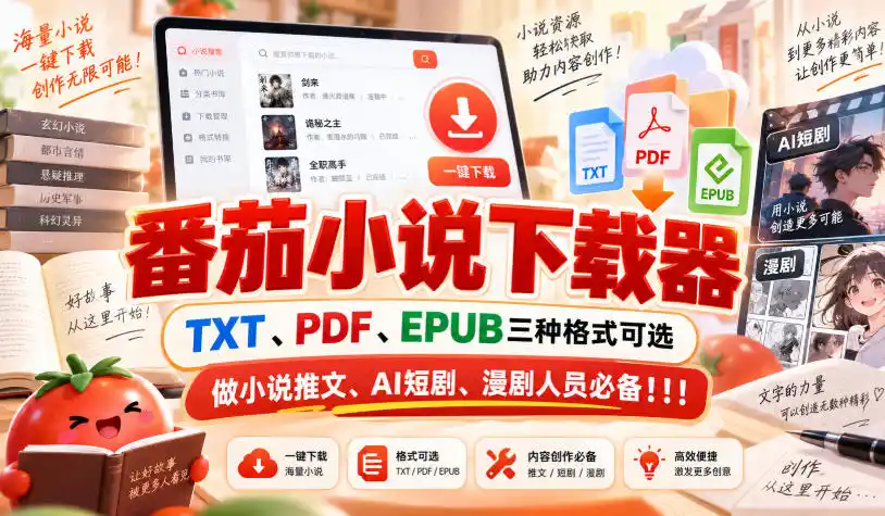 番茄小说下载器,TXT、PDF、EPUB三种格式可选,做小说推文、AI短剧、漫剧人员必备!!!-二当家网创资源站