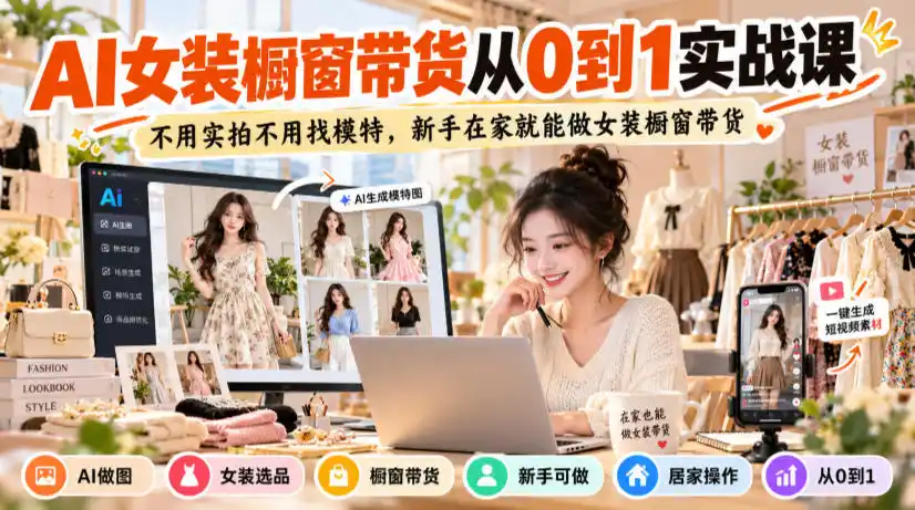AI女装橱窗带货从0到1实战课,不用实拍不用找模特,新手在家就能做女装橱窗带货