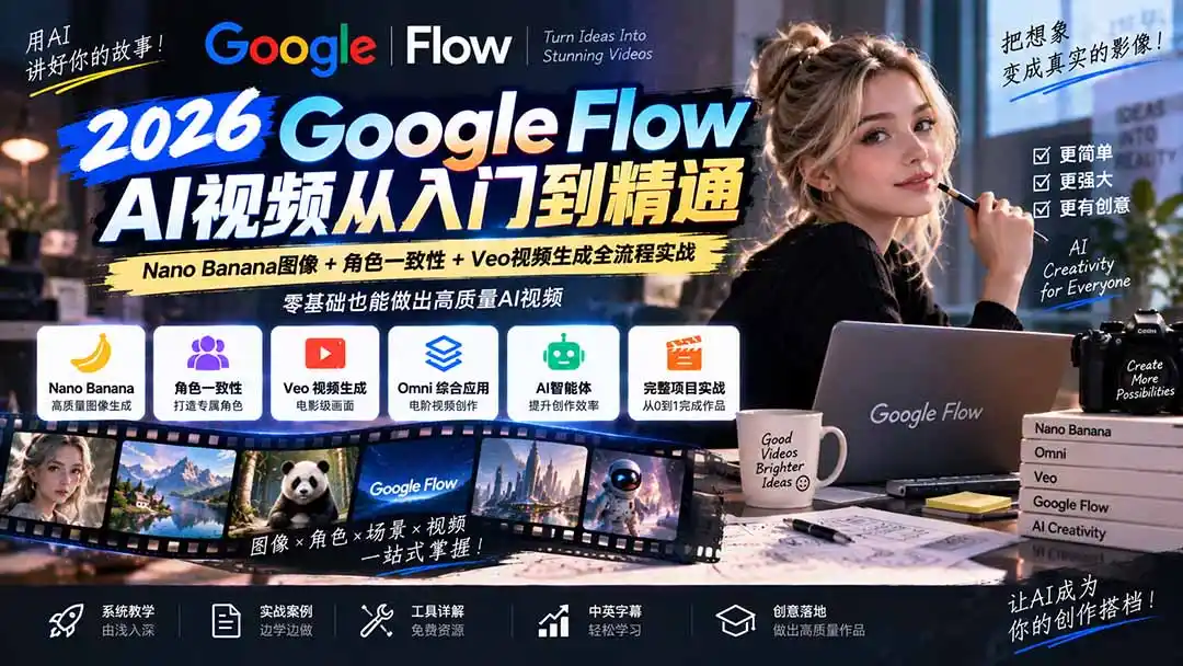 【无水印】Google Flow AI视频从入门到精通:Nano Banana图像+角色一致性+Veo视频生成全流程实战-精翻中英字幕-二当家网创资源站