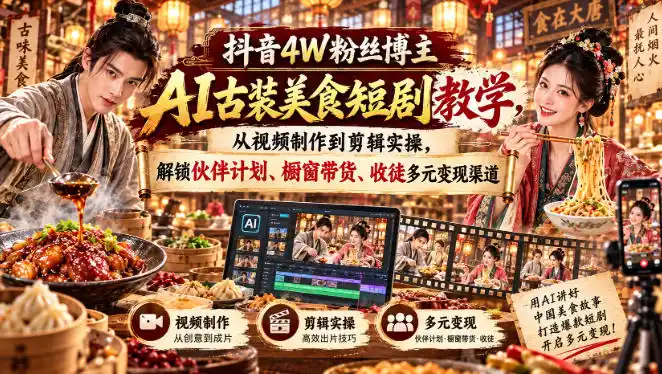 抖音4W粉丝博主AI古装美食短剧教学，从视频制作到剪辑实操，解锁伙伴计划、橱窗带货、收徒多元变现渠道-二当家网创资源站